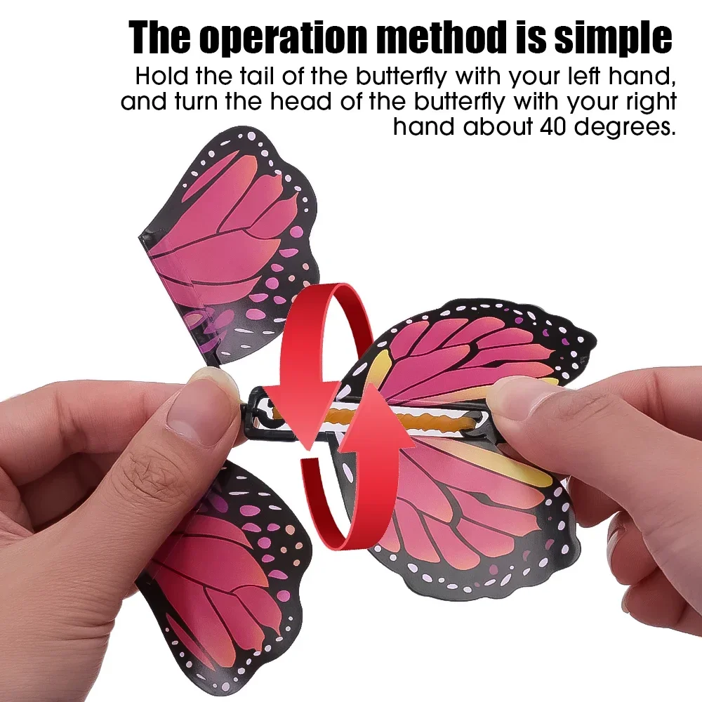 Magic Flying Butterfly Wind Up Toy segnalibro biglietti di auguri elastico Powered Outdoor Kids Game puntelli Surpris Butterfly Gift