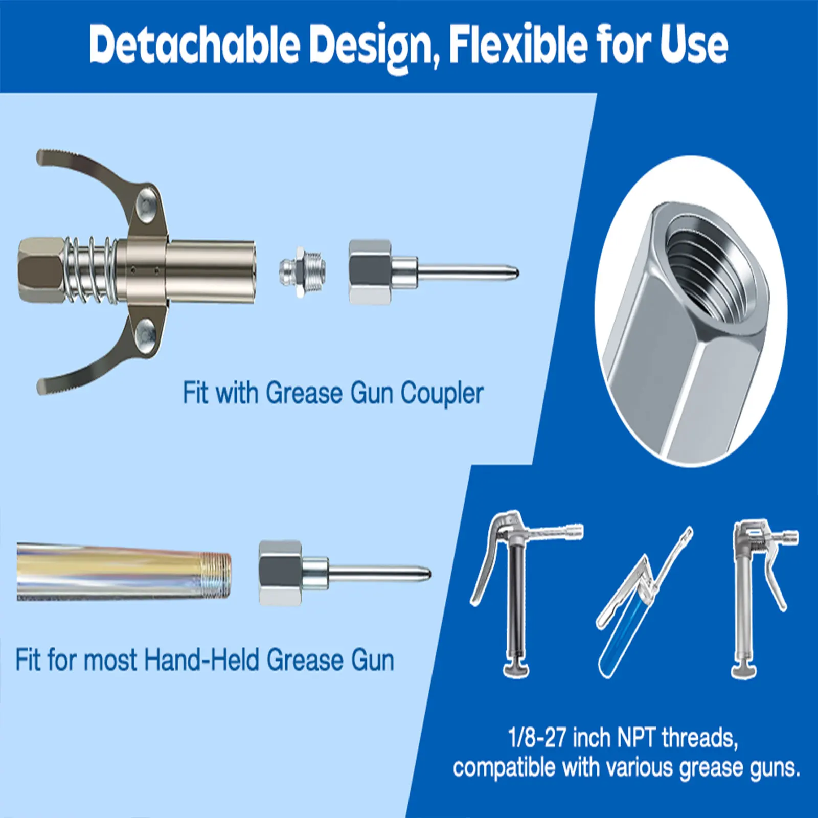 Narrow needle nozzle grease adapter with hardened steel tip, needle nose grease dispenser with 1/8 inch NPT thread