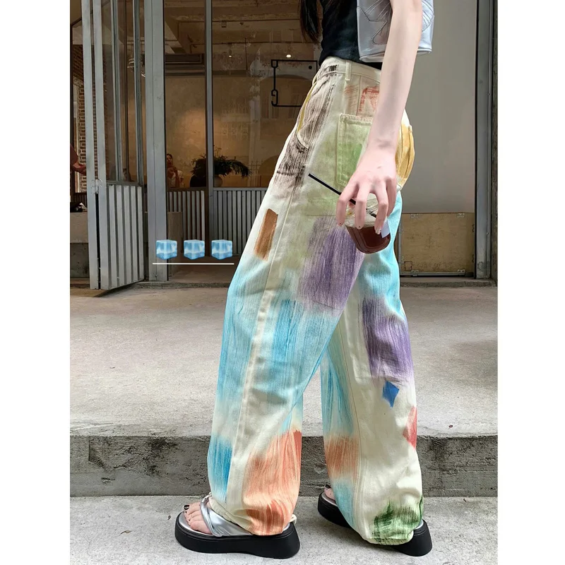 Design Color Loose Straight Hand Painting Mop Long Wide-Leg Pants High Waist for Women