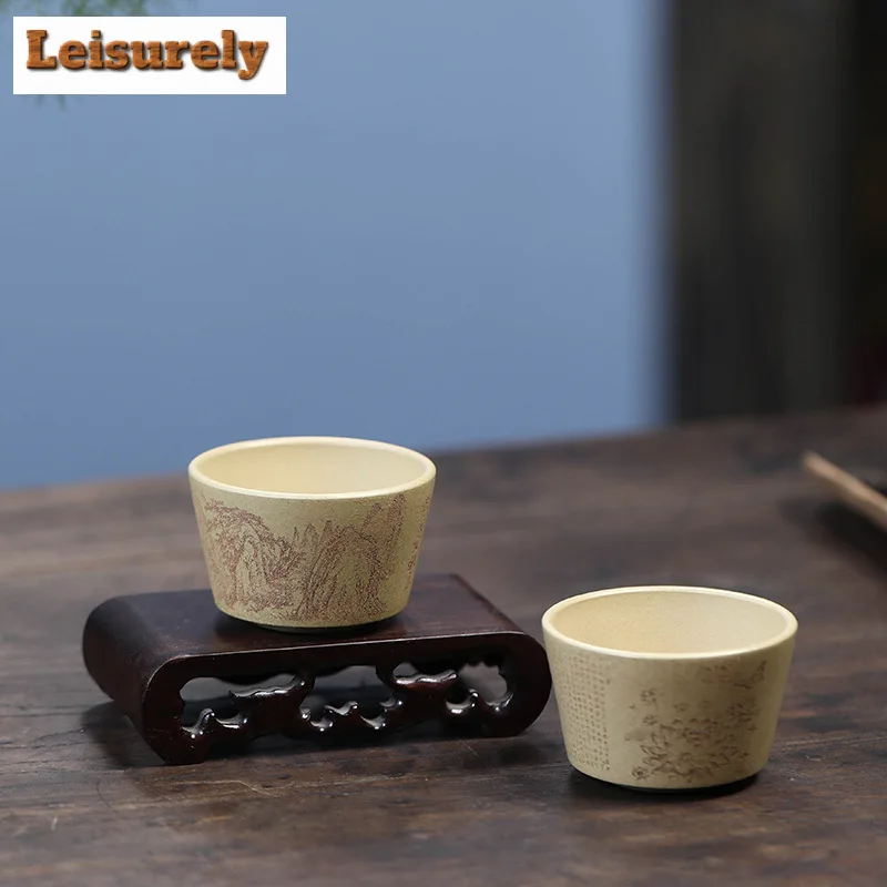 70ml Handmade Yixing Purple Sand Teacup Engraving Lotus Master Cup Small Tasting Tea Bowl Chazhan Puer Mug Chinese Zisha Teaset