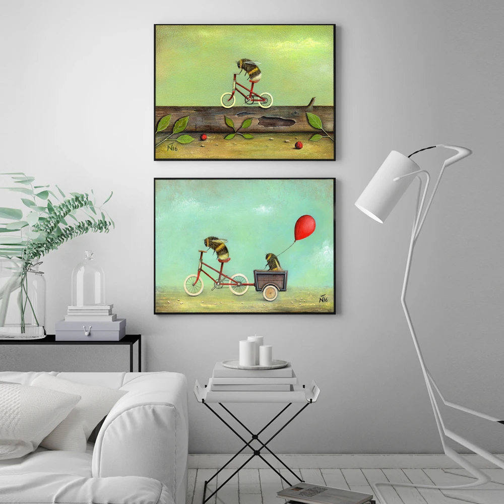 Cartoon Bee Bicycle Nordic Art Swan Nursery Print Art Canvas Poster Per La Decorazione Del Soggiorno Home Wall Decor Picture