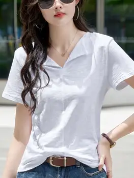 الصيف ضئيلة القطن الخيزران تي شيرت المرأة 2025 الخامس الرقبة قصيرة الأكمام بلايز الإناث عادية بلون القمم