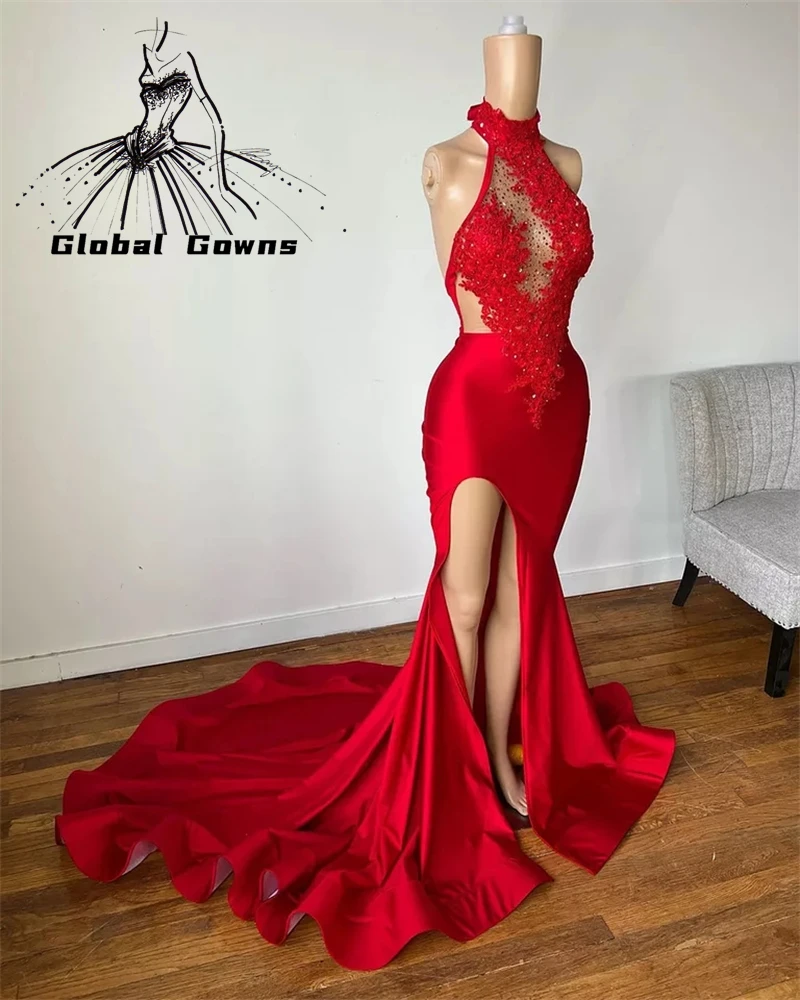 

Red Halter Long Prom Dresses For Black Girls Appliques Birthday Party Gowns High Slit Evening Dress Mermaid Robe De Bal