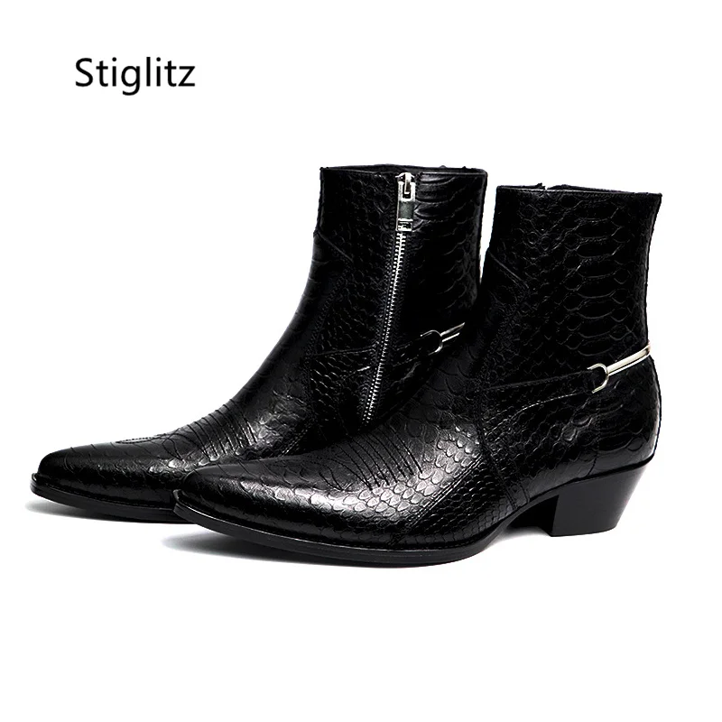 Genuine Leather Embroidery Men's Boots Pointy Chelsea Boots Snakeskin Metal Decor Chunky Heeled Ankle Boots Party Male Shoes