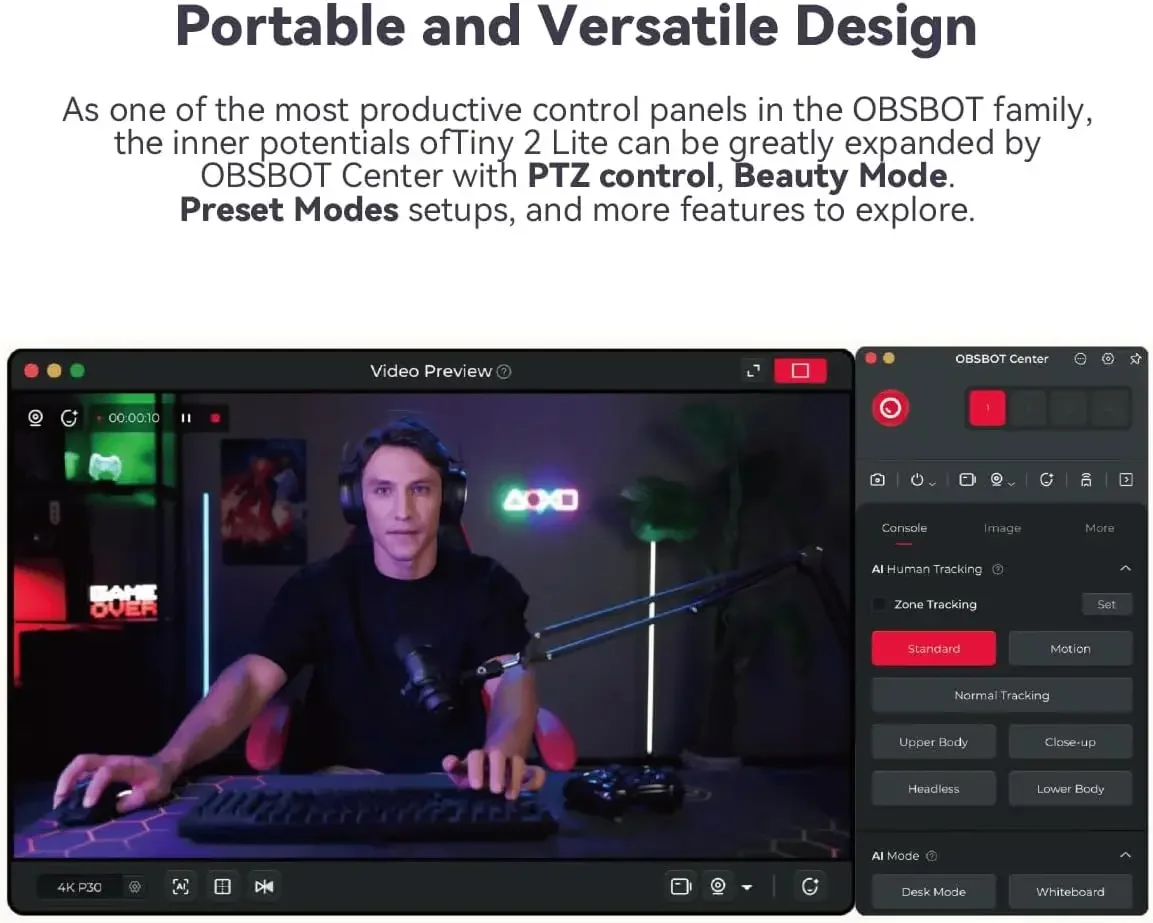 in stock OBSBOT Tiny 2 Lite PTZ 4K Webcam 1080p@60fps HDR With AI Tracking Privacy Cover Microphone 1/2" Sensor USB2.0 Plug&play