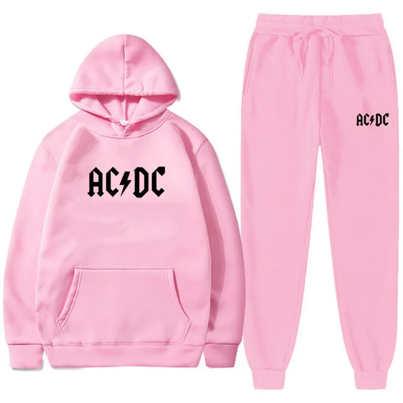 Hip Hop Streetwear AC DC Men's Women's Sweatshirt Sweatpants 2 Pieces Sets Fashion Casual Hooded Tracksuit Winter Men Clothing 4
