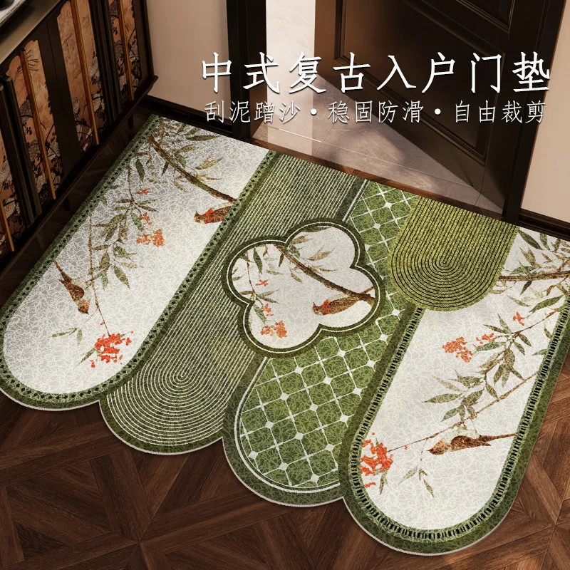 우아한 중국풍 앤틱 스타일 현관 매트, 고급 미끄럼 방지 와이어 루프 카펫, 레트로 거실 현관 매트