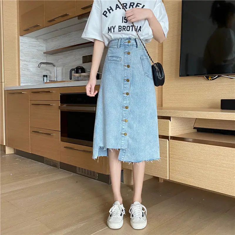 pleated skirt Women Irregular Denim Skirts Asymmetrical Button Fly Frayed Skirt Side Split Pocket Empire Trendy Female A Line Korean Skirt New ruffle skirt