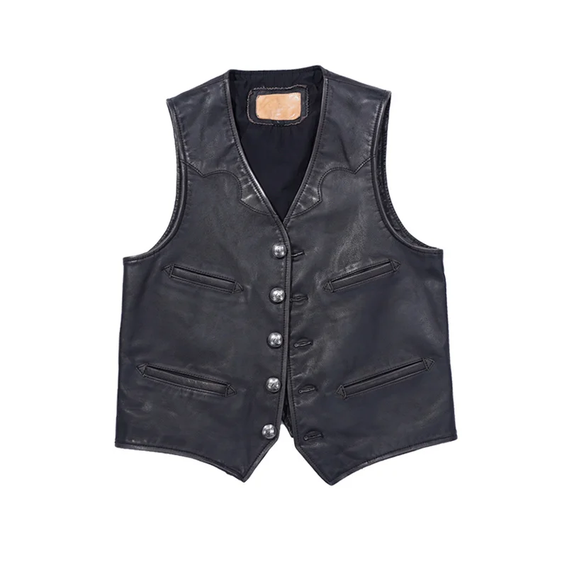 

2023 Retro Black Genuine Leather Vest Men Japan Casual Style Plus Size 6XL Real Natural Cowhide Autumn Slim Fit Short Coat