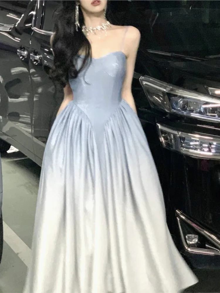 

French Vintage Spaghetti Strap Elegant Dresses for Women Summer New Gradient A-line Evening Party Dress Prom Robe Vestidos Mujer
