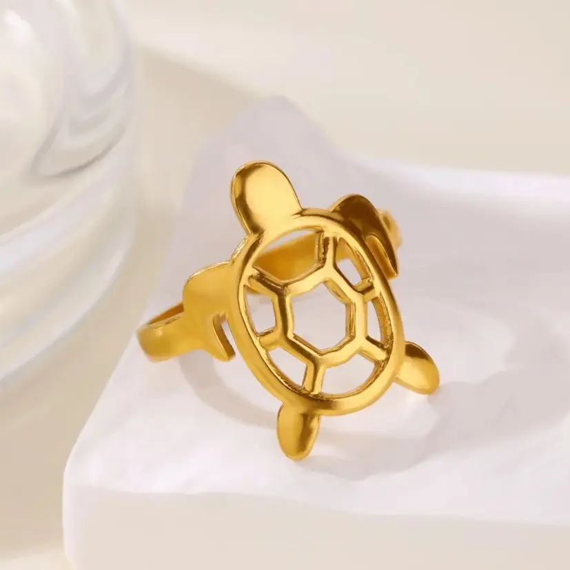 Cute Hollow Turtle Rings for Women Gold Color Stainless Steel Adjustable Ring