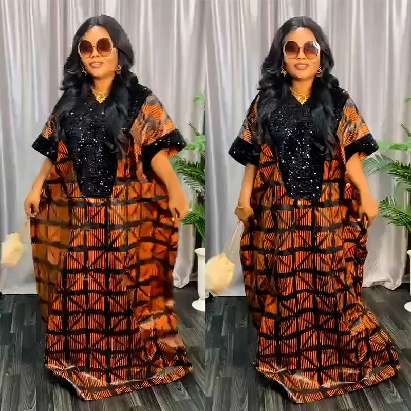 

African Dresses for Women Muslim Fashion Sequin Abayas Robe Dashiki Traditional Africa Clothes Ankara Evening Gown with Headtie