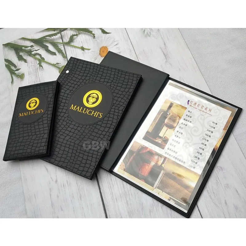 Customized product.New style A4 menu covers,menus ,PU wood menu cover  moq 10pcs