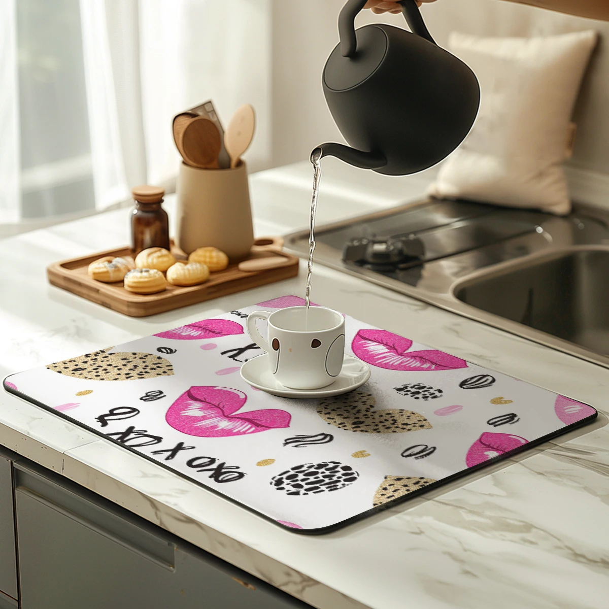 Kitchen Absorbent Drying Mat Barbie Pink, Red Lips, Abstract Kitchen Table Decoration & Accessories Color Pattern Tables Mats