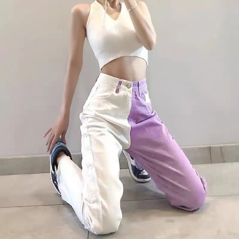 Jeans White Purple Crop Casual Straight Tube Pants Baggy Jeans Casual Wide Leg Pants Full Length Women Pockets Pants