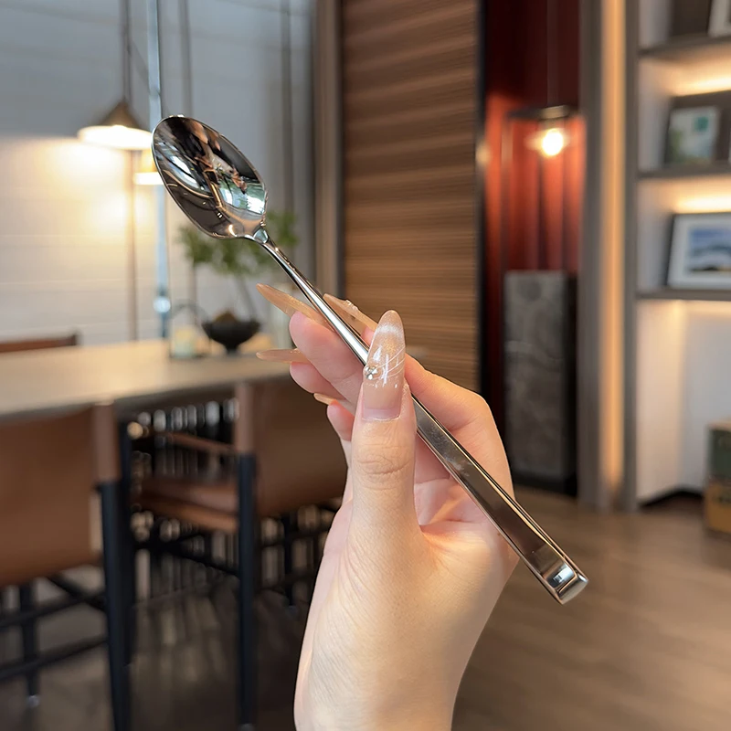 Stainless Steel Korean Long Handle Spoon Tableware Thicken Stirring Ice Spoon Meal Household Dinner