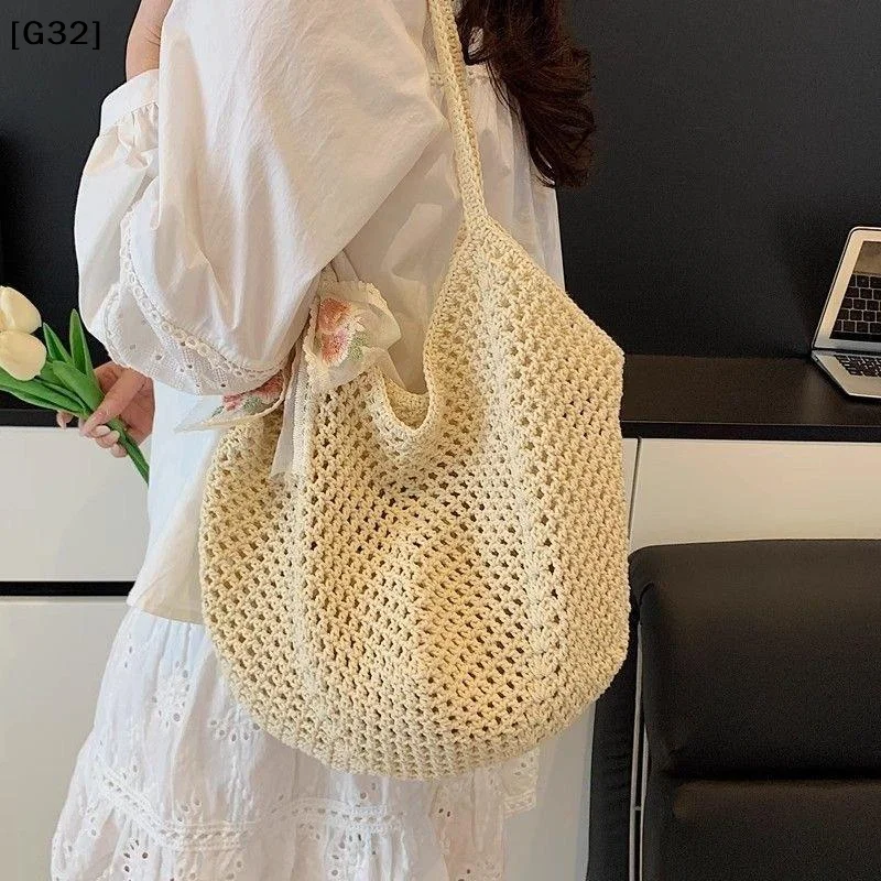 Large Capacity Woven Bag Women's Shoulder Bags Casual Straw Wicker Woven Ladies Handmade Summer Beach Tote Messenger Bag[G32] - 4