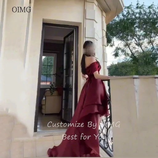 OIMG Elegant Burgundy Off The Shoulder Asymmetry Prom Gowns - Fabric Detail 5