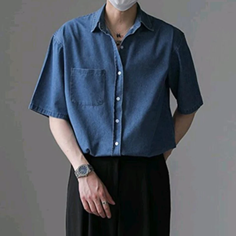 

Джинсовая рубашка мужская с отложным воротником, винтажный кардиган с коротким рукавом, Повседневная модная джинсовая рубашка на пуговицах, весна-лето