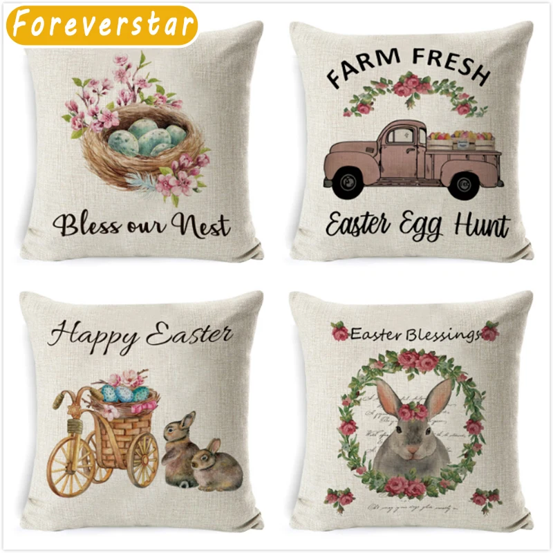 

Happy Easter Cushion Cover Cute Bunny Rabbit Color Eggs Flower Pillowcase Home Decor Pillow Cover For Sofa Bedroom Office