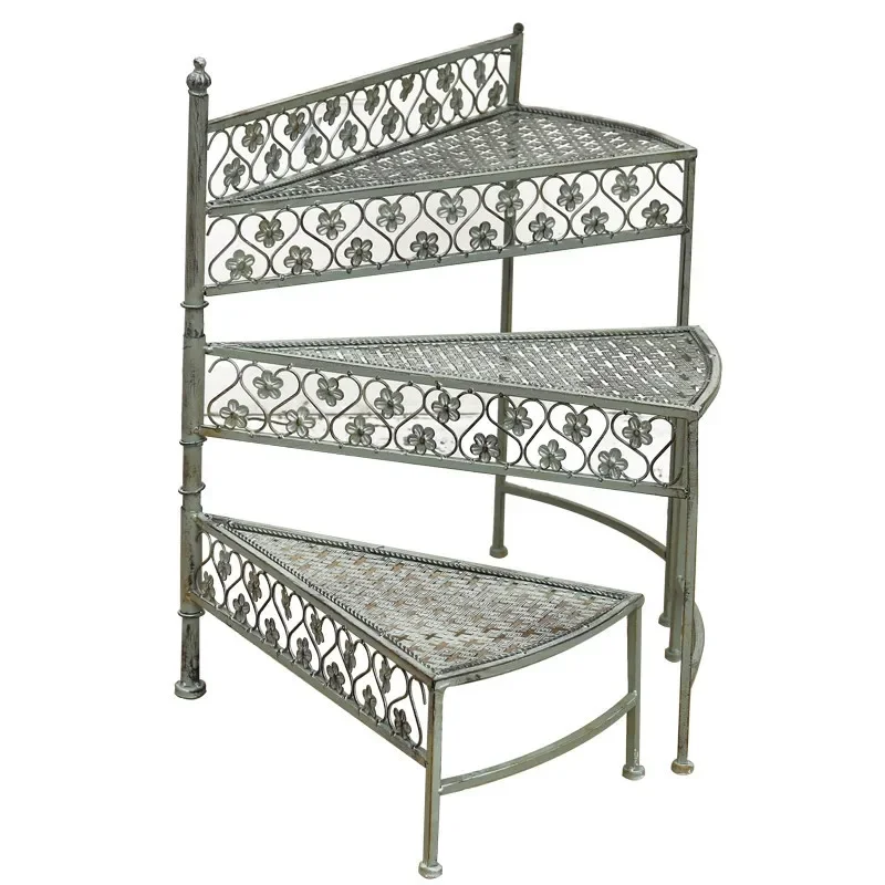 American Style Half Arc Trapezoidal Plant Stand Flower Holder Rotating Decorative Shelf Courtyard Balcony Display Rack, 3 Layers