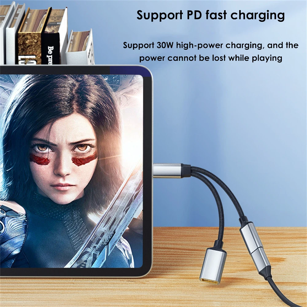 노트북 휴대폰용 USB C OTG 케이블 어댑터, C타입 수-USB-C 암, 30W PD 고속 충전, USB 스플리터 어댑터 포함, 투인원