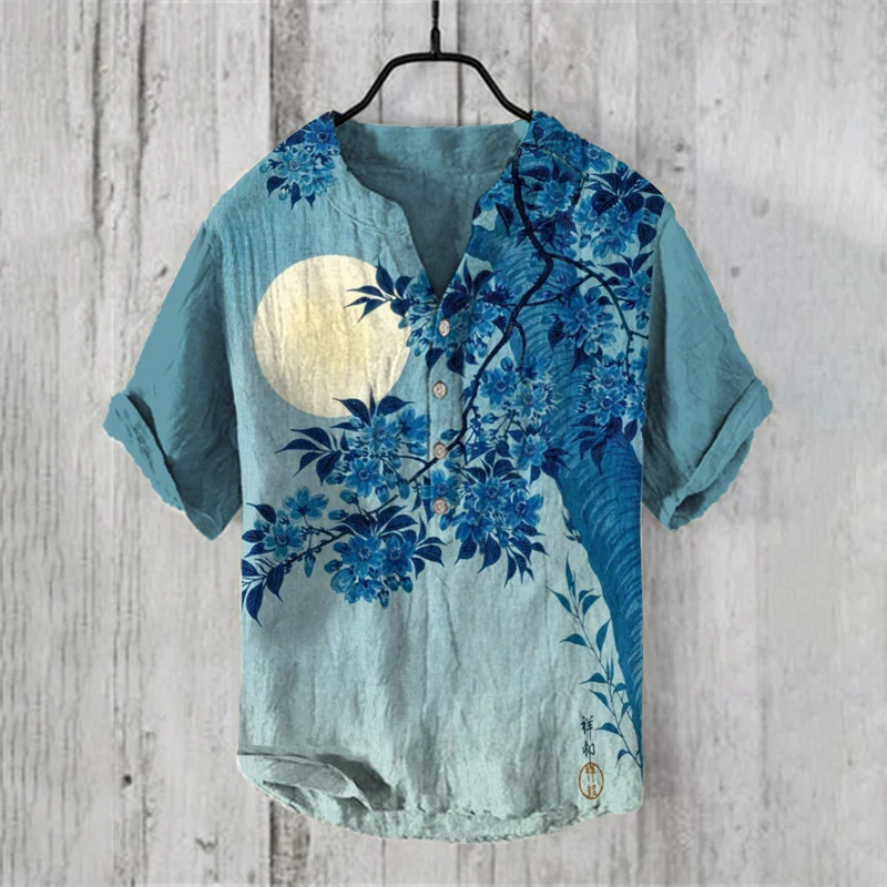 

2024 hot selling independent station luxury printed men's short-sleeved V-neck shirt bamboo linen breathable top Hawaiian shirt