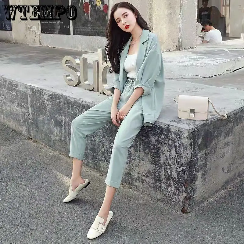 WTEMPO Solid Color New Suit Set Women's Spring Autumn Korean Style Fashion Business Casual Blazers + Pants Two Pieces Set