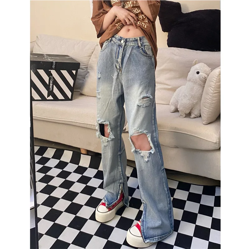 

CGC 2023 Fashion Streetwear Baggy Jeans Women High Waist Cargo Pants Casual Hole Wide Leg Trousers Jeans Female Denim Pants