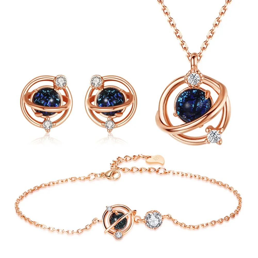 SUYIXIAN S925 Sterling Silver glass Dream Star Elegant Earrings Necklace Bracelet set Luxury quality Bridal Jewelry