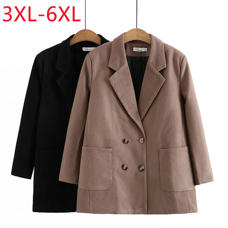 

2022 новый женский расширенный код куртка большой код длинный рукав v воротник одна пряжка черный пальто 3XL 4XL 5XL 6XL