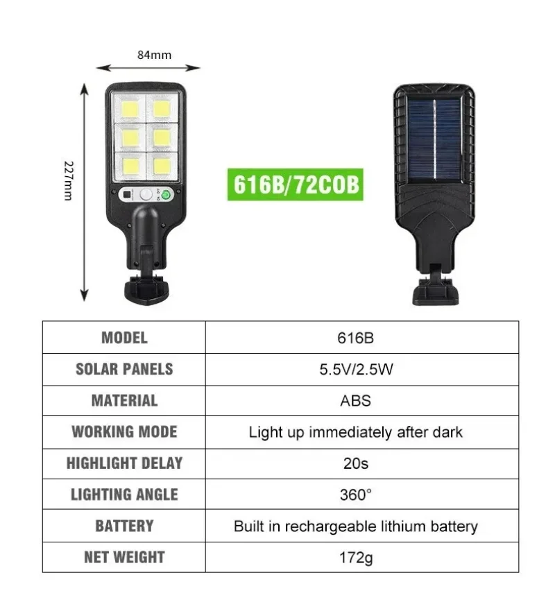 Description Picture 2 of item72/108COB Solar Lights Outdoor With 3 Mode Waterproof Motion Sensor Security Lighting LED Wall Street Lamp for Garden Patio Path