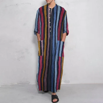 Men's Muslim Long Sleeve Cotton Striped Robes Islamic Arabian Kaftan Suit Middle East Dubai Abaya Retro Spring Clothing 2025 New