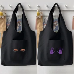Street Simple Black Shoulder Bag Woman Bag Handbag Casual Funny Chest Pattern Printing Large Capacity Tote Bag Soft Commuter