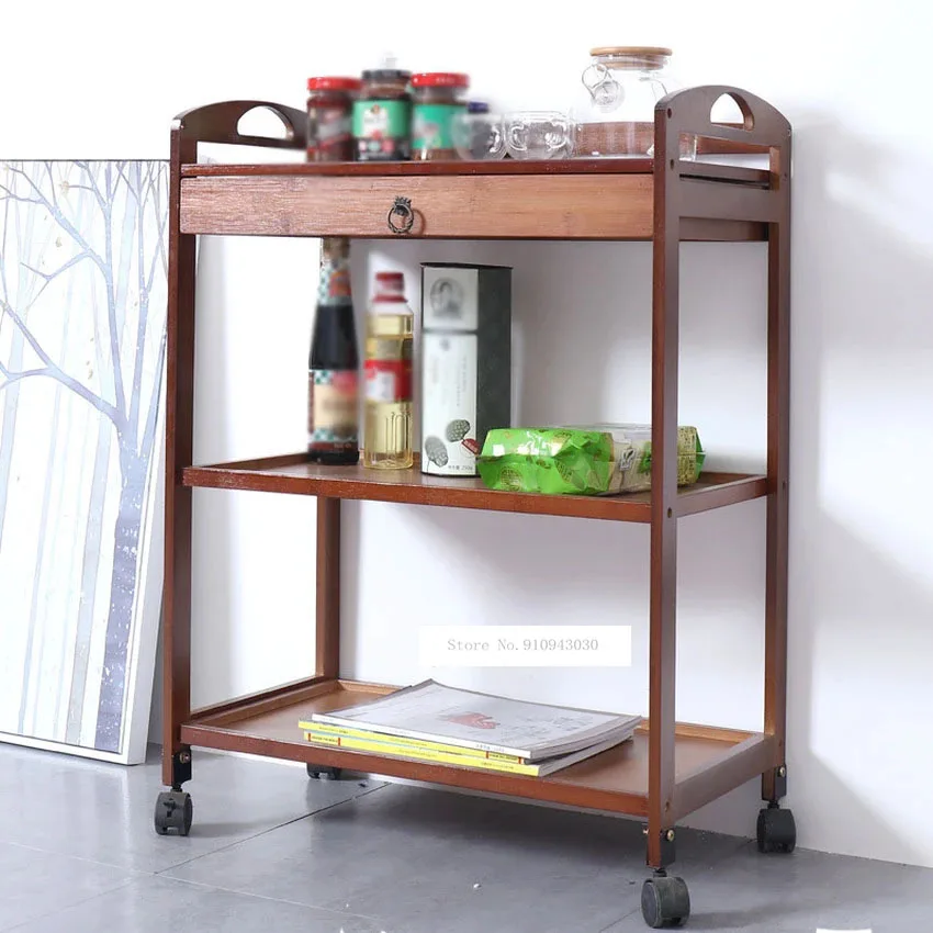 3/4 Layer Tea Dining Cart Small Living Room Side Cabinet Beauty Salon Trolley Kitchen Shelf Movable Bamboo Dining Trolley
