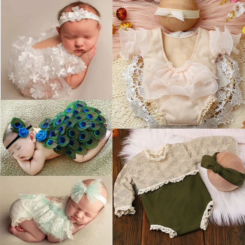 Newborn Photography Props Clothes Baby Girls Lace Romper+Headband Outfit Baby Boys Career Cosplay Costume Baby Photo Shooting