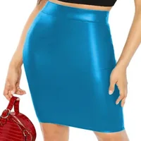 Plus Size Stentch Knee-length Skirt for Women Wetlook Shiny Metallic Vinyl Elastic Package Hip Skirts Daily Match Bottoms 8XL