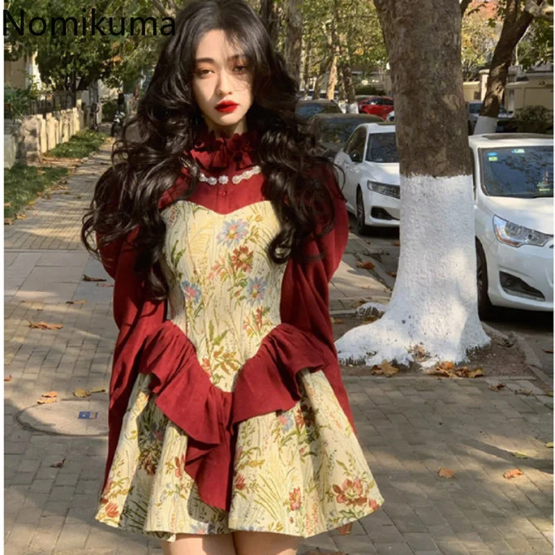 

Nomikuma Vestidos Para Mujer пышные рукава Цветочный Принт пэчворк свободные Y2k платья для женщин 2023 винтажная элегантная женская одежда