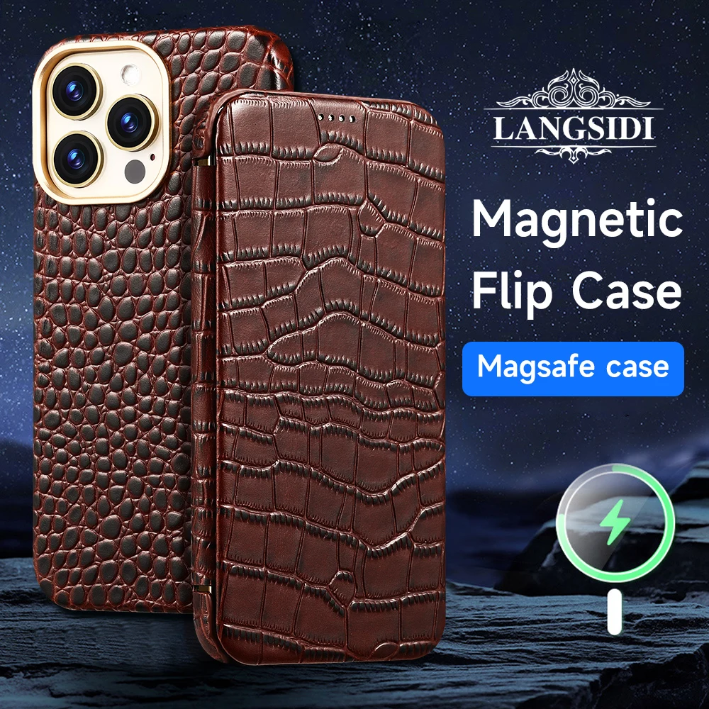 

Магнитный флип-чехол LANGSIDI из натуральной кожи для Iphone 14 13 pro max 14pro 14 plus, противоударный защитный чехол с беспроводной зарядкой