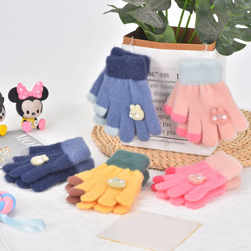 Autumn And Winter Baby Cute Rabbit Color Matching Five-finger Gloves Children's Cute Outdoor Warm Gloves Children's Mittens