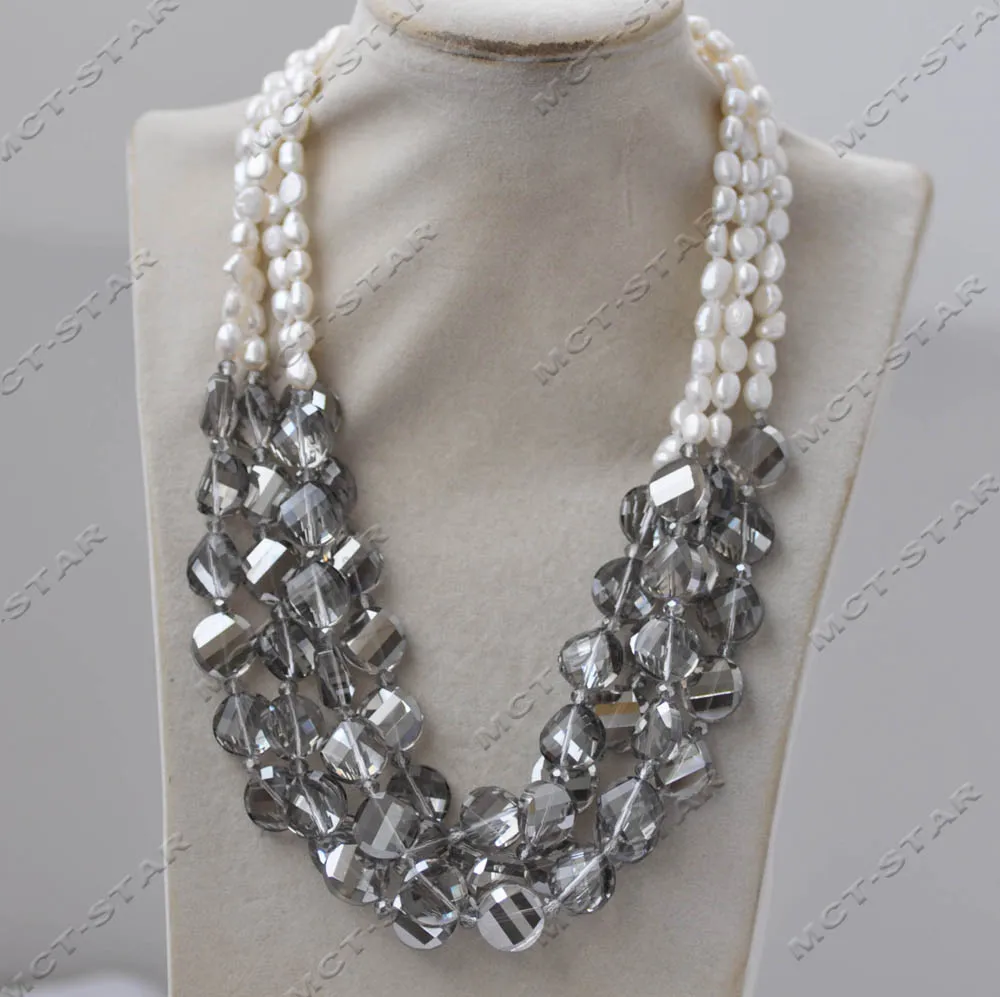 

MTC·STAR Z13235 4row 20" 14mm Gray Coin Faceted Crystal White Baroque Freshwater Pearl Necklace Custom Jewelry