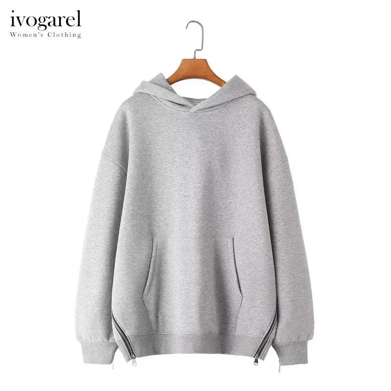 

Ivogarel Women's Zip-up Hoodie Long Sleeve Sweatshirt Female Pullovers Hooded Metal Zip Details