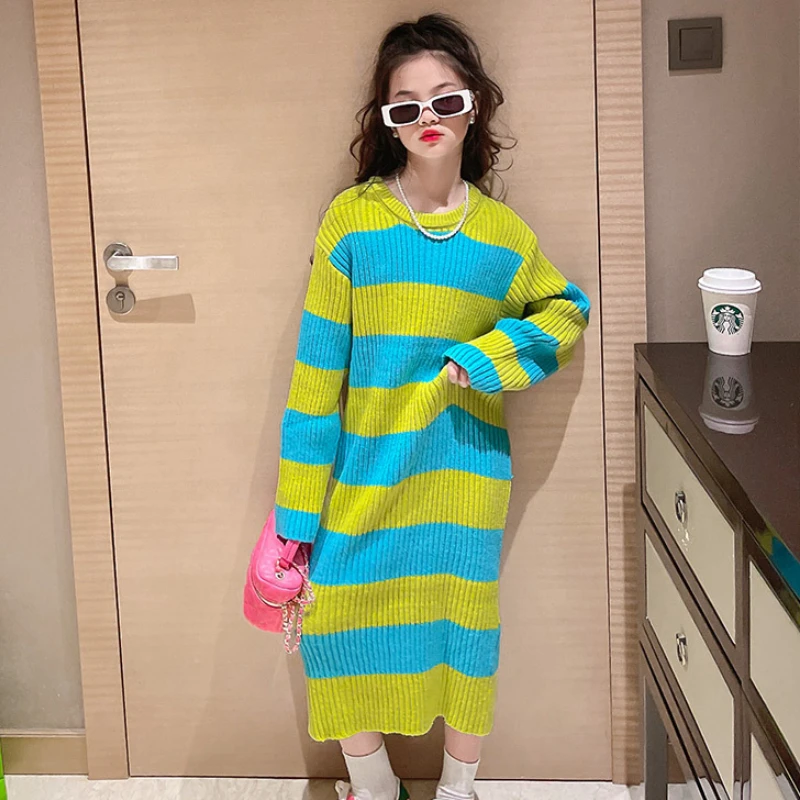 

Girls Sweater Dress Autumn Winter Loose Striped Long Knitted Dress for Kids Long Sleeve Fashion All-match Teen Children Clothes
