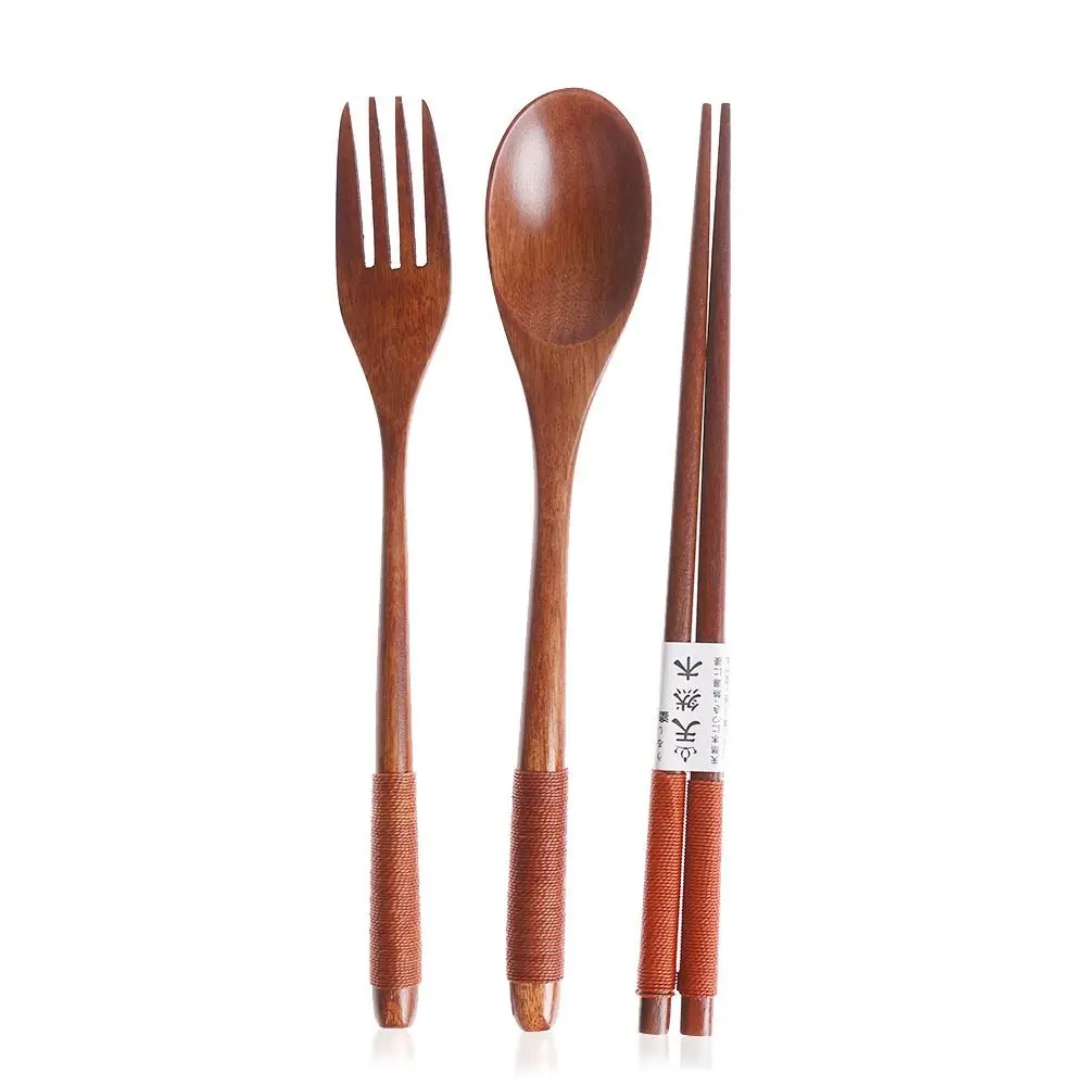 Set Posate Da Viaggio In Legno - Coltello, Forchetta E Cucchiaio - Stile Giapponese Ecologico E Riutilizzabile - 5