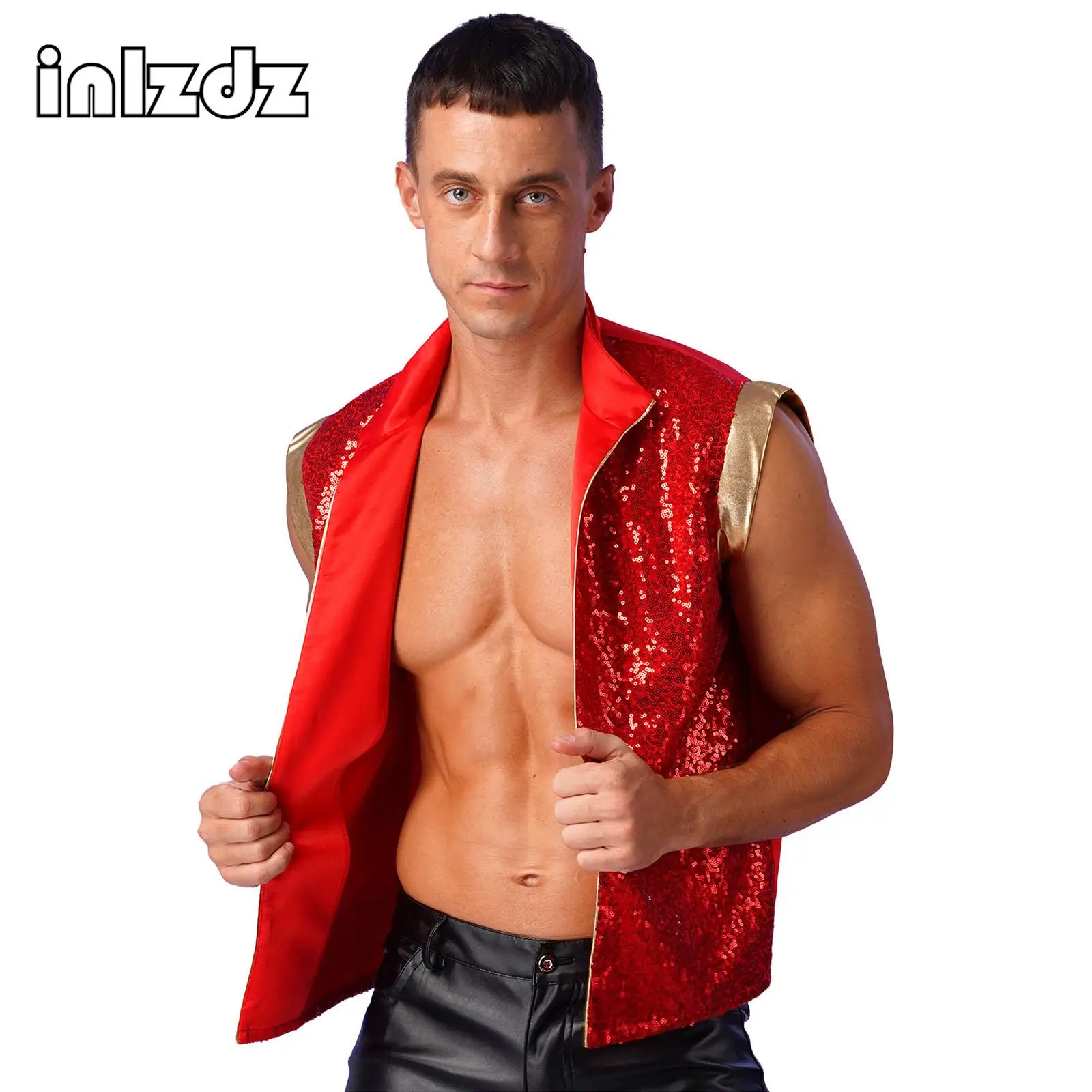 

Mens Halloween Cosplay Arabian Prince Costumes Sparkly Sequin Open Front Vest Vest Metallic Patchwork Waistcoat Indian Arabian