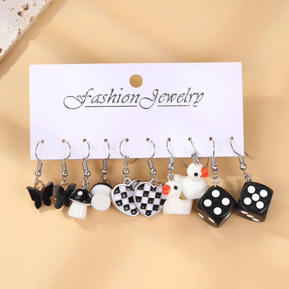 Black Cartoon Duck Earrings Set For Women Cute Animal Butterfly Heart Dangle Earrings Girls 2024 Geometric Trendy Jewelry Gifts