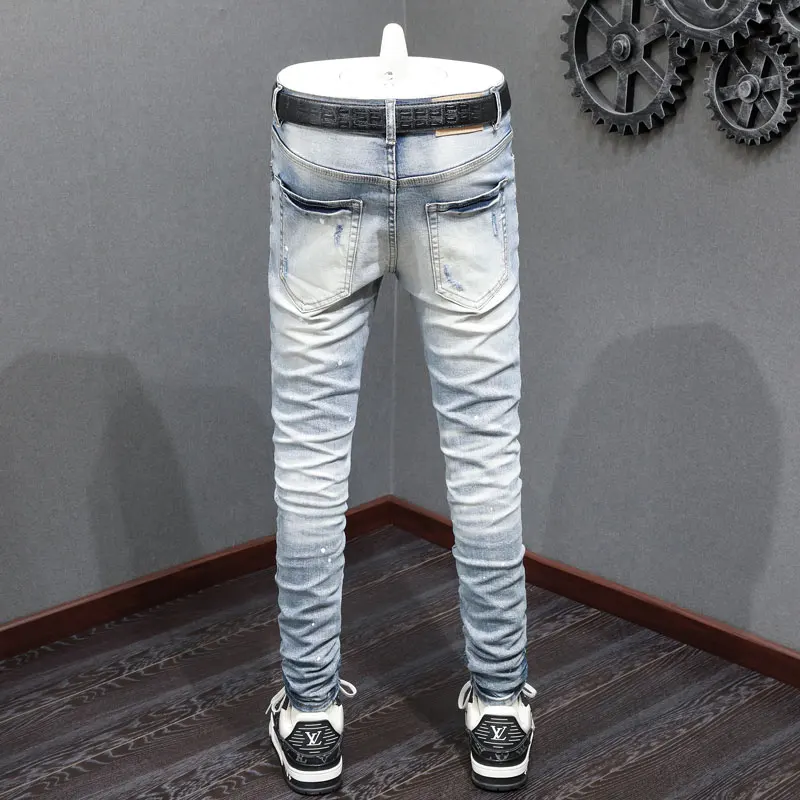 High Street Fashion Men Jeans Retro Light Blue Stretch Skinny Fit Hole Ripped Jeans Men Painted Designer Hip Hop Brand Pants