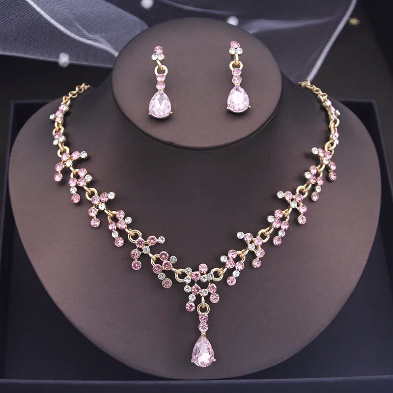 

Pink Crystal Fashion Pendants Necklace Earrings Sets for Women Jewelry Set Bridal Wedding Necklace Set Accessories