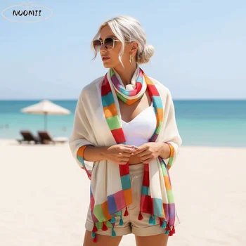 Sciarpa in Pashmina con Frange e Bordo Arcobaleno, in Lino, Color Block, con Nappe, Copricostume da Spiaggia, Oversize, Leggera, Sciarpa Estiva, Abbigliamento da Resort