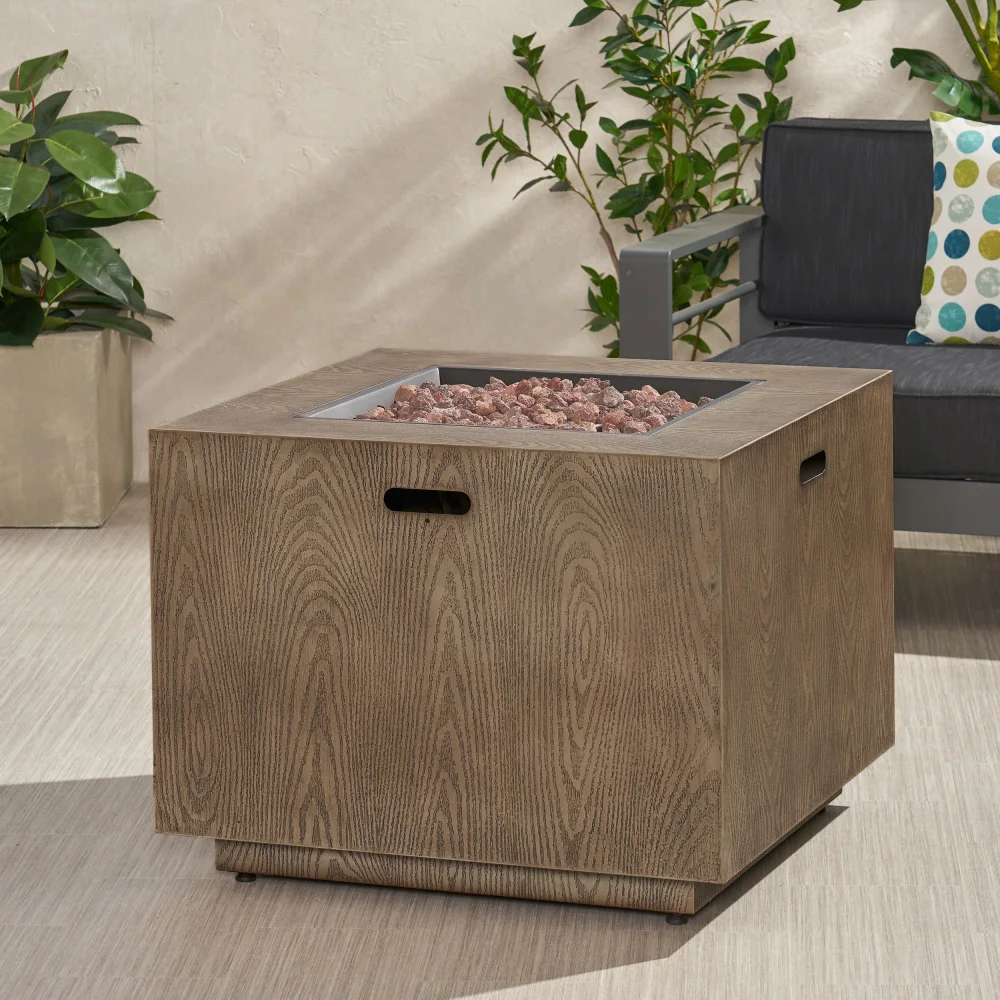 Outdoor Patio Gas Burning Fire Pit-50, 000 BTU Tank Inside, Square, Iron Wood Pattern, Brown